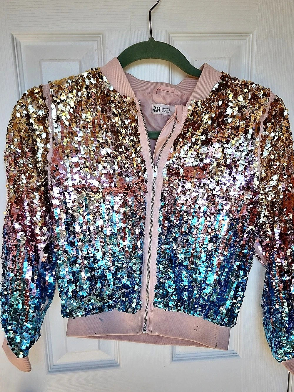 H&M Sequin Bomber Jacket in Pink & Blue Size Medium
